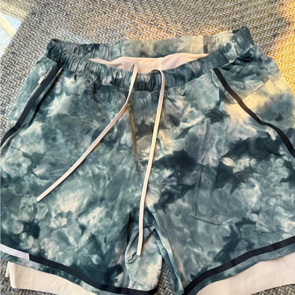 lululemon athletica Tie-Dye Athletic Shorts - green and tan with underliner